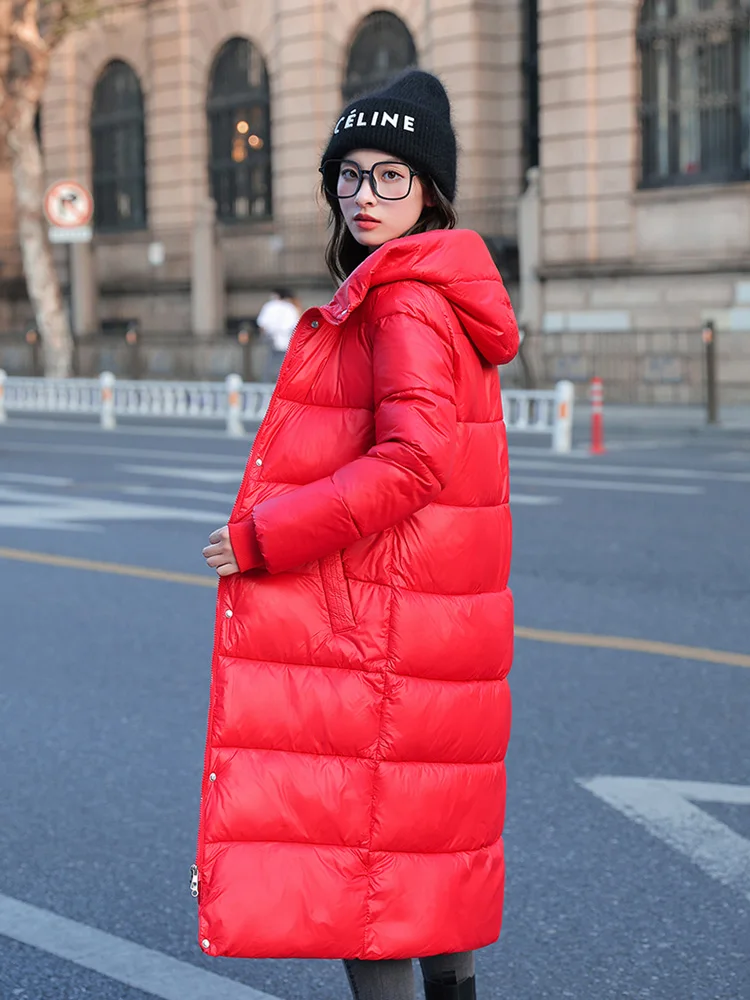 2023 New Waterproof Coats Fashion Winter Down Cotton Jacket Womens Glossy Femme Thick Warm Long Hooded Puffer Parkas