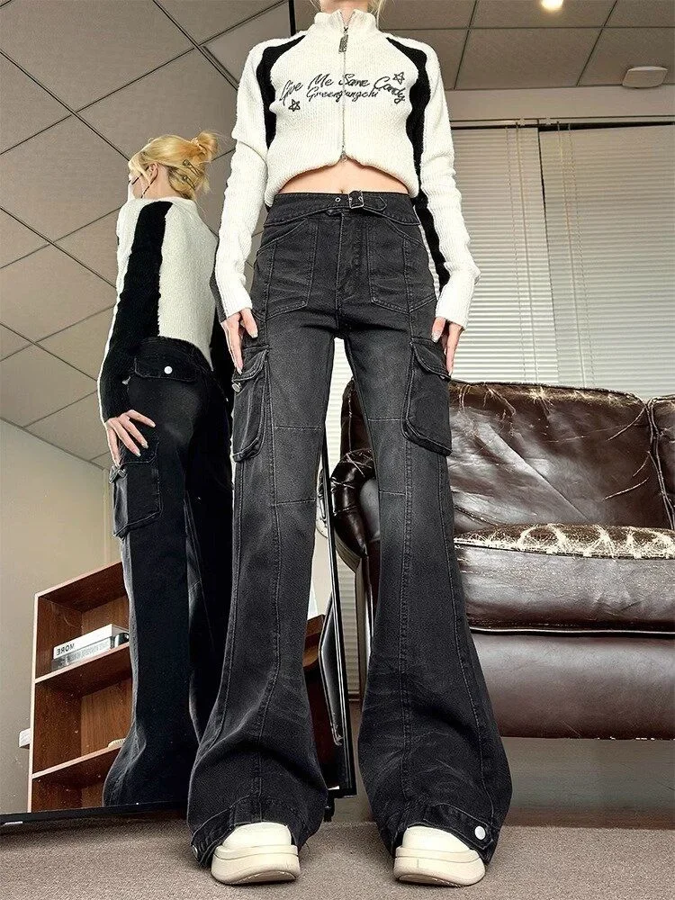 Женские джинсы-карго с множеством карманов в стиле ретро