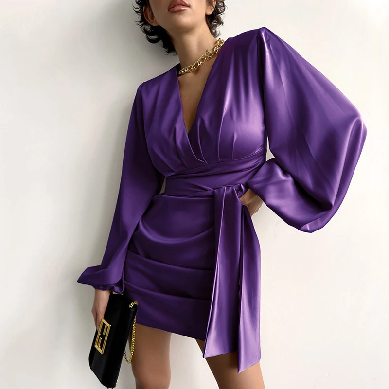 

French Elegant Satin Slim Evening Dress Women Temperament V-Neck Lantern Sleeve Mini Dress Autumn Solid Pleated Lace Up Dresses
