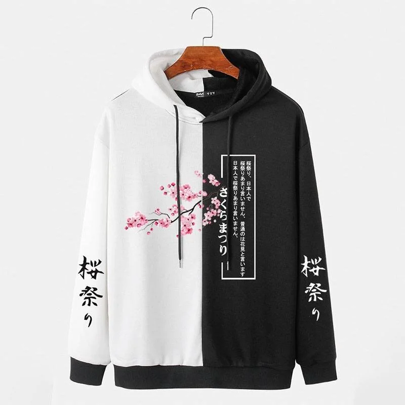 

CharmkpR 2023 Japanese Style Fashion Men's Cherry Blossoms Print Sweatshirts Casual Two Tone Patchwork Drawstring Hoodies S-2XL