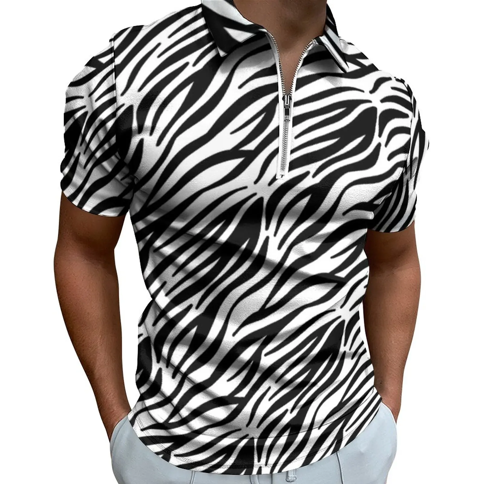

Black And White Zebra Casual T-Shirts Stripes Print Polo Shirt Zipper Vintage Shirt Mens Custom Clothes Plus Size 5XL 6XL