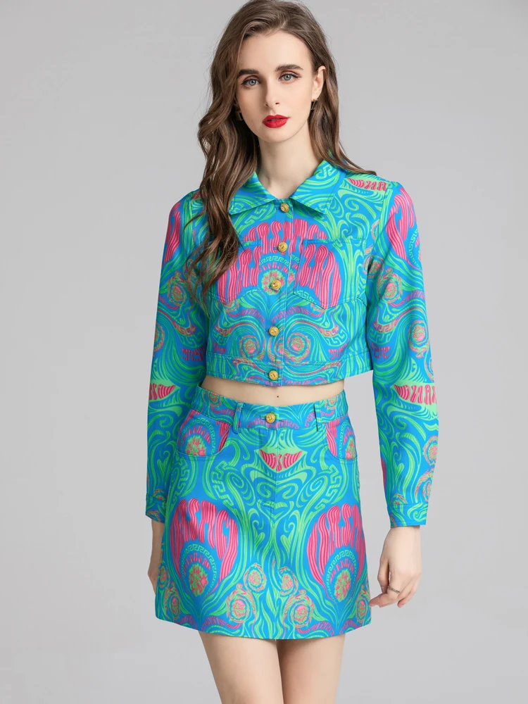 

Женский красный костюм RoosaRosee, короткий пиджак с отложным воротником и длинным рукавом и зеленая юбка мини на лето 2022