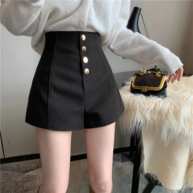 Women's Wide Leg Pants Black Shorts High Waisted Single Breasted A-line Shorts Casual Pants Elegant Temperament Shorts For Women