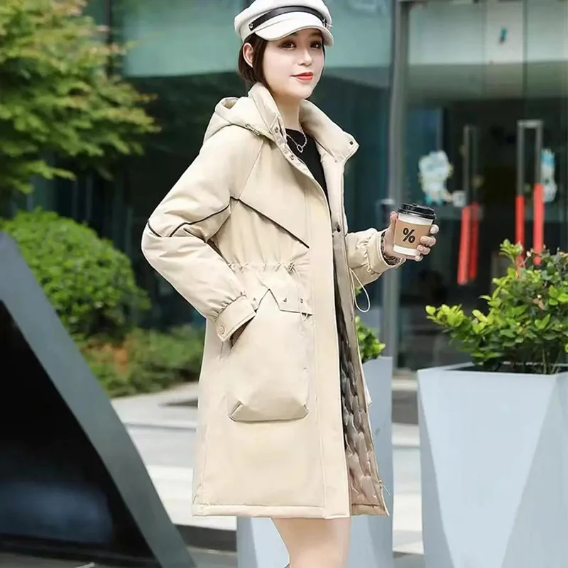 High-End Parker Down Jacket Women Winter 2022 New 90 White Duck Down Medium Length Hooded Waist Matching Thick Warm Coats Female