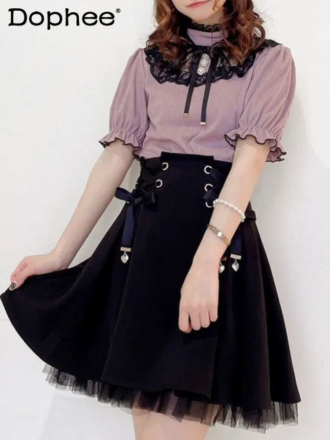 Japanese Lolita Sweet Lace-up Heart Pendant Tulle Stitching Ball Gown Skirt Women Spring Autumn High Waist A- Line Mini Skirt