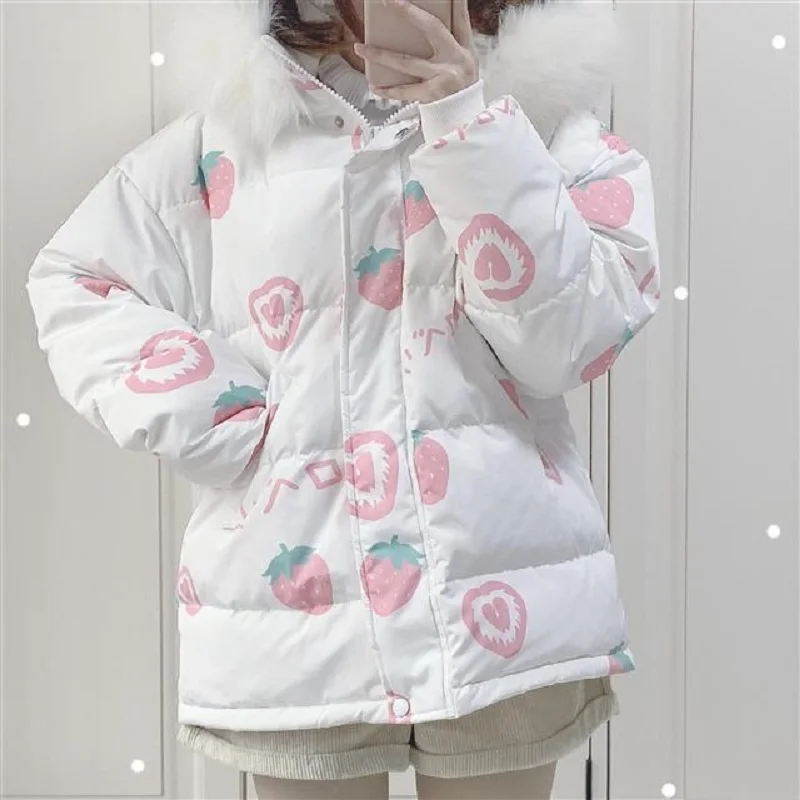 

Japanese jk cute strawberry jacket cotton thick hoodie women preppy style sweet winter zipper coats chic Harajuku warm outerwear