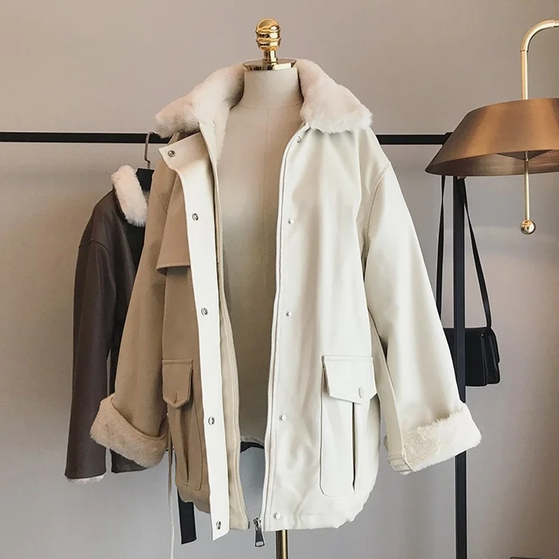 Winter Oversized Leather Jacket Women with Faux Rex Rabbit Fur Inside Warm Soft Thickened Fur Lined Coat Black Leather Jackets