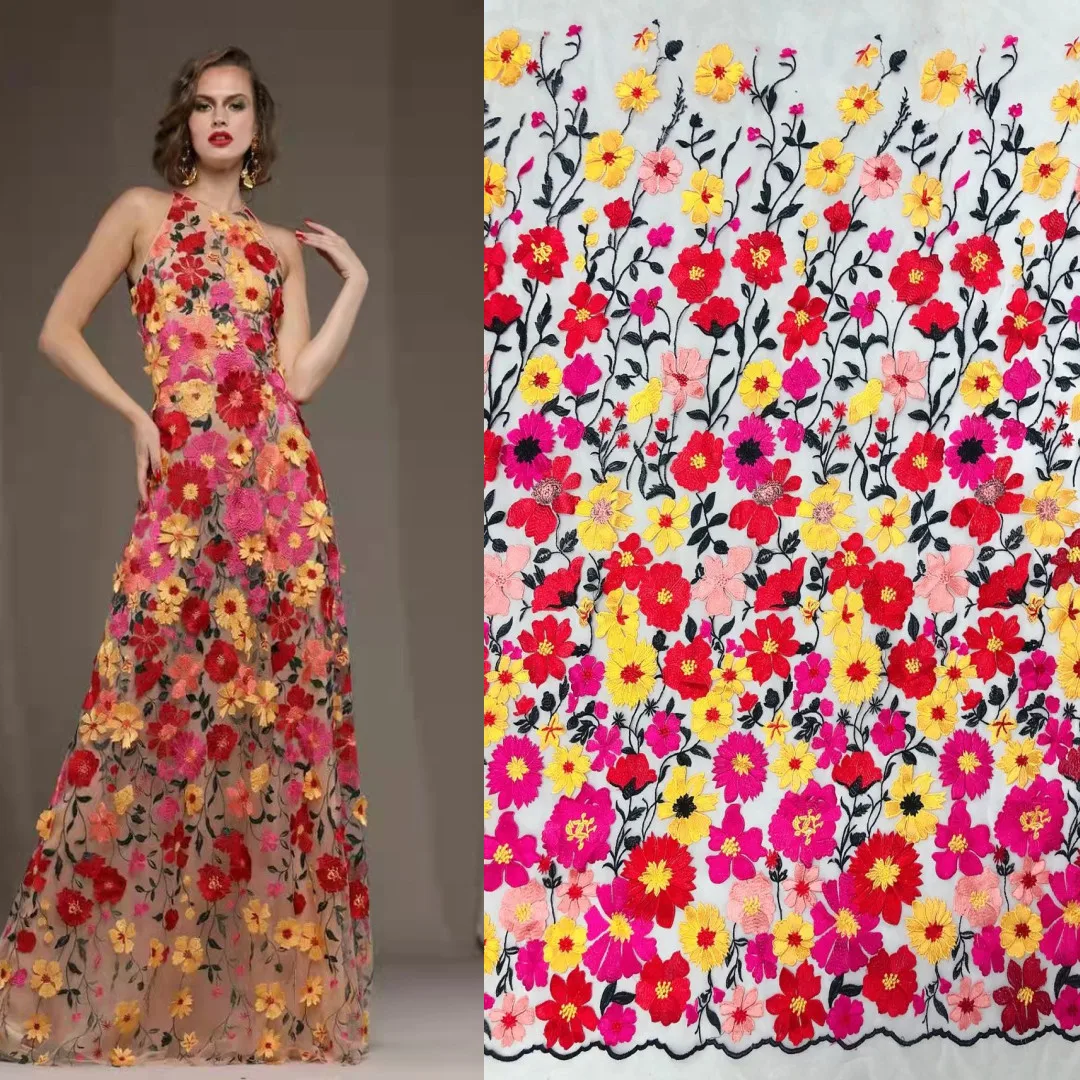 

Новая цветная нить с 3D вышивкой, французская Тюлевая сетчатая кружевная ткань для вечерние него платья, свадьбы/длинного платья