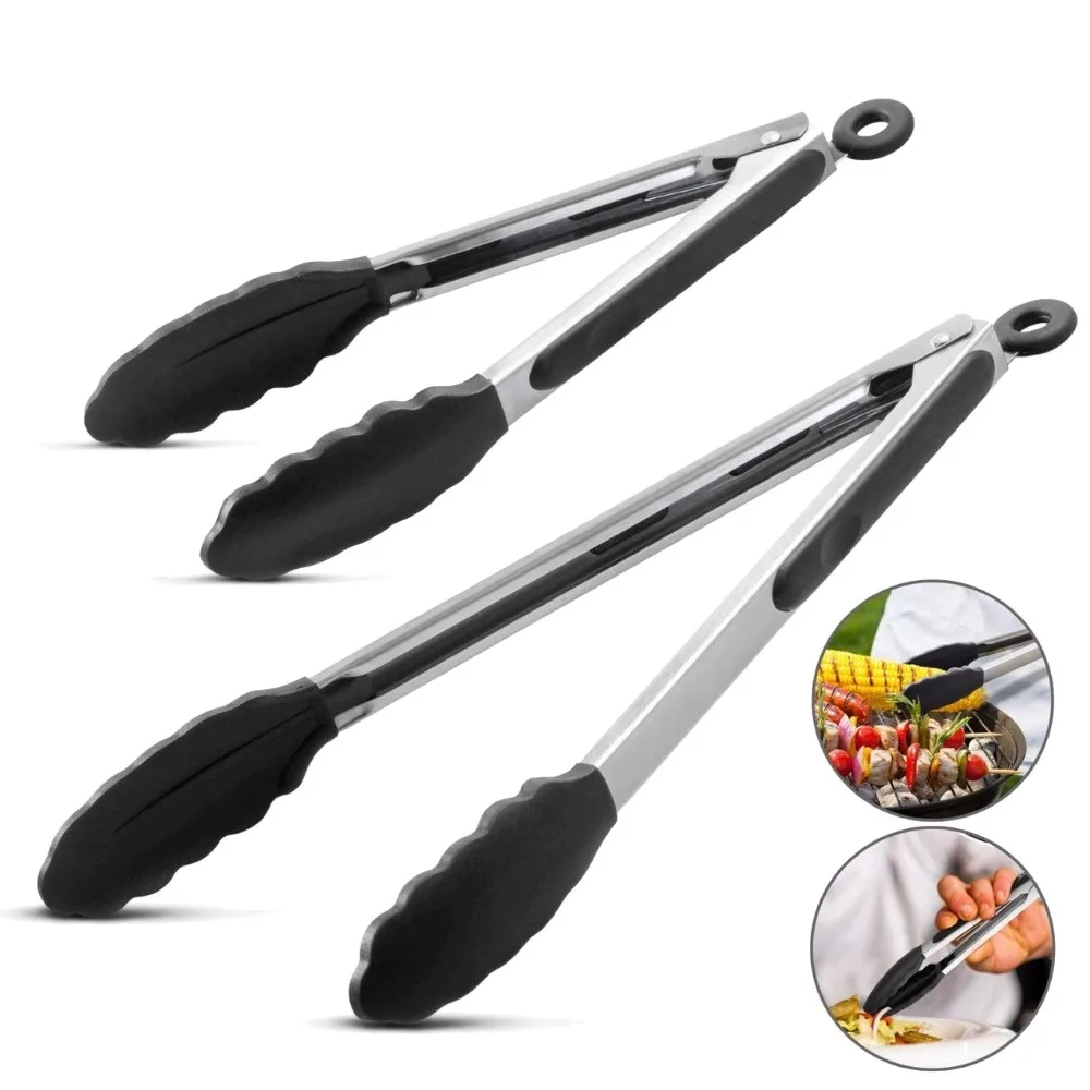 

LMETJMA Premium Kitchen Tongs Silicone Cooking 9 12 inch BPA Free Non-Stick BBQ Grilling Locking Food KC0253