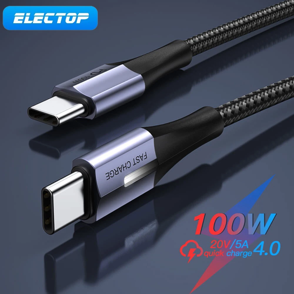 Кабель ELECTOP 100 Вт с USB C на Type PD 5A шнур для быстрой зарядки телефона со светодиодным