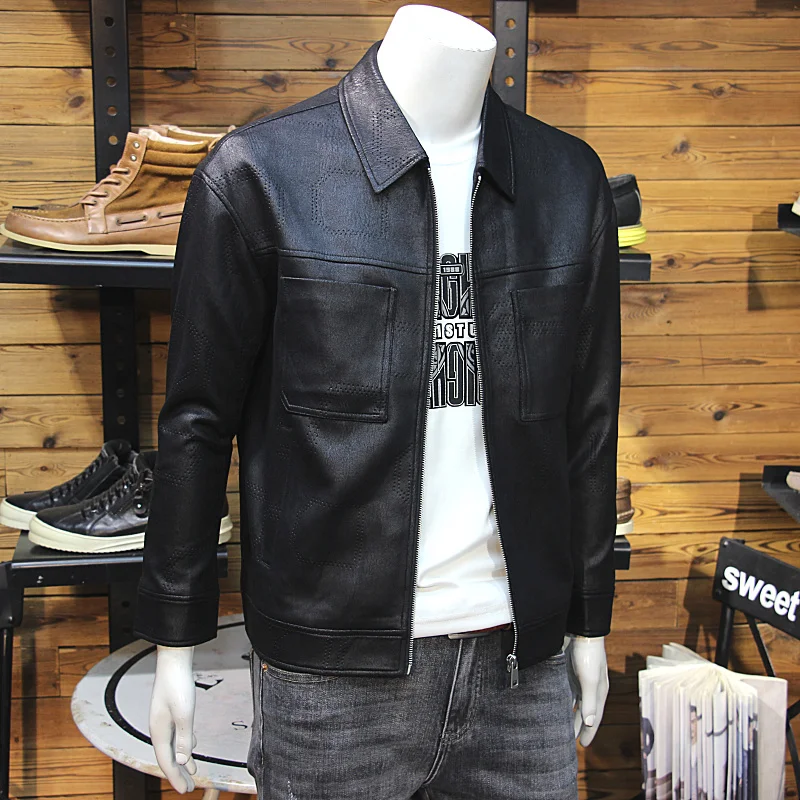 Retro Distressed Men's Lapel Leather Jacket Jianou Fashion Youth Pu Shuai Slim fit Casual Spring and Autumn Punching Craft Le...
