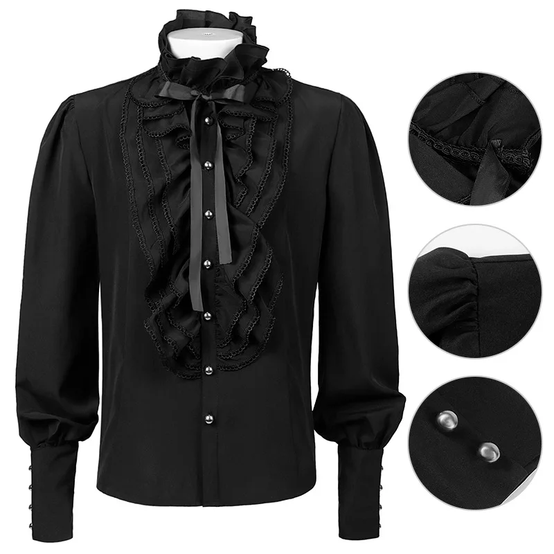 

New Euro-American Men's Pleated Shirt Medieval Clothing Steampunk Victorian Top