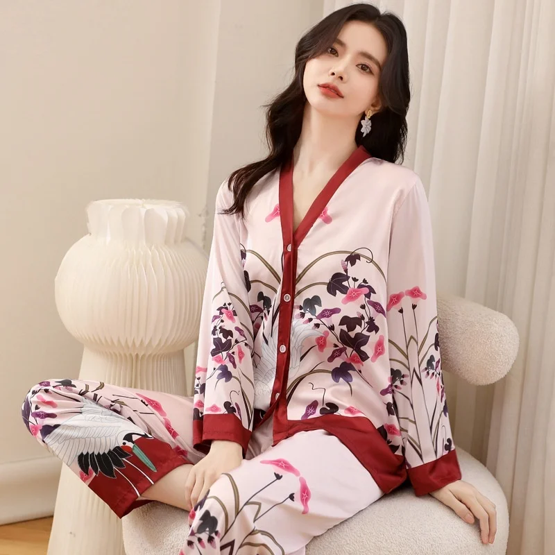 Lisacmvpnel Women's Spring New Pajama Set Ice Silk Thin Long Sleeve Suit Sleepwear 2023 New Large Size Printed Pyjamas