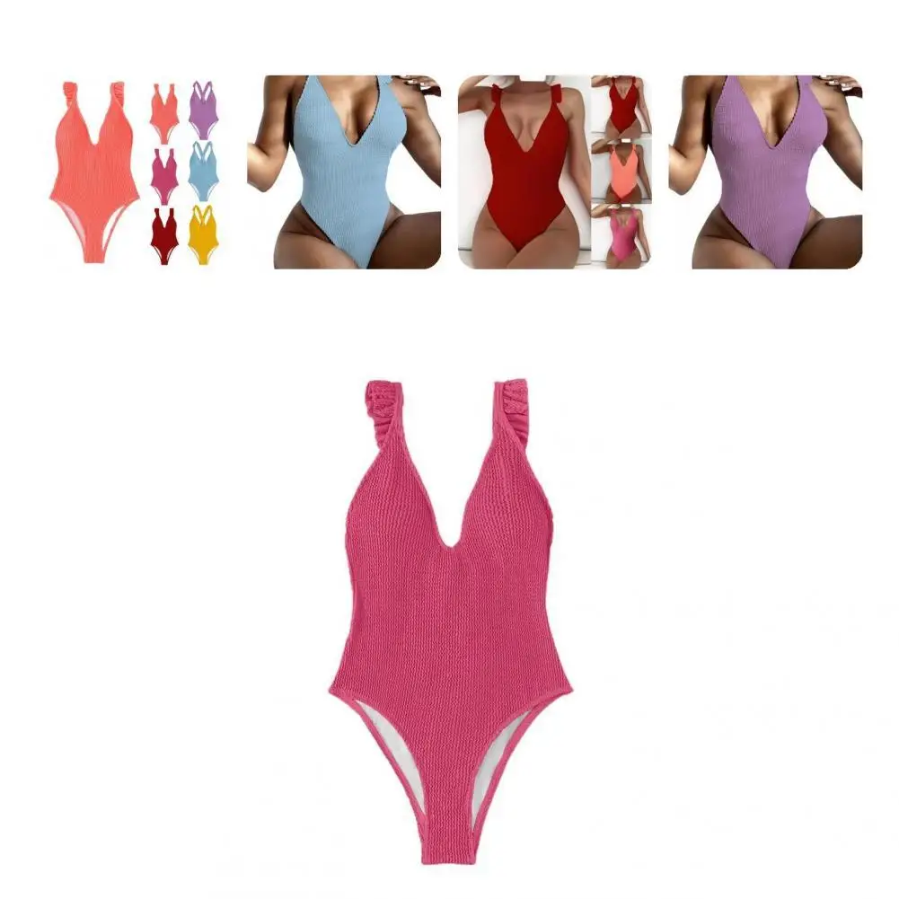 

Fresh Romper Swimwear Ribbed Beachwear Women Swimsuit Push Up Ruffle Sweet Swimsuit
