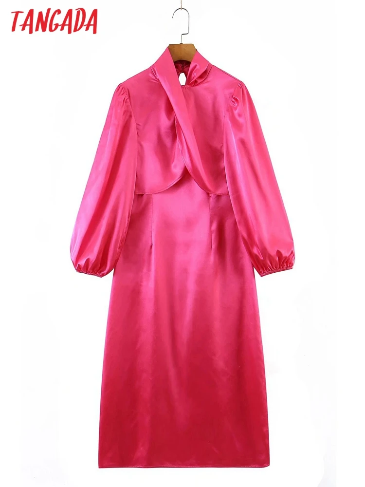 

Платье-миди атласное с рукавами-фонариками и лямкой на шее