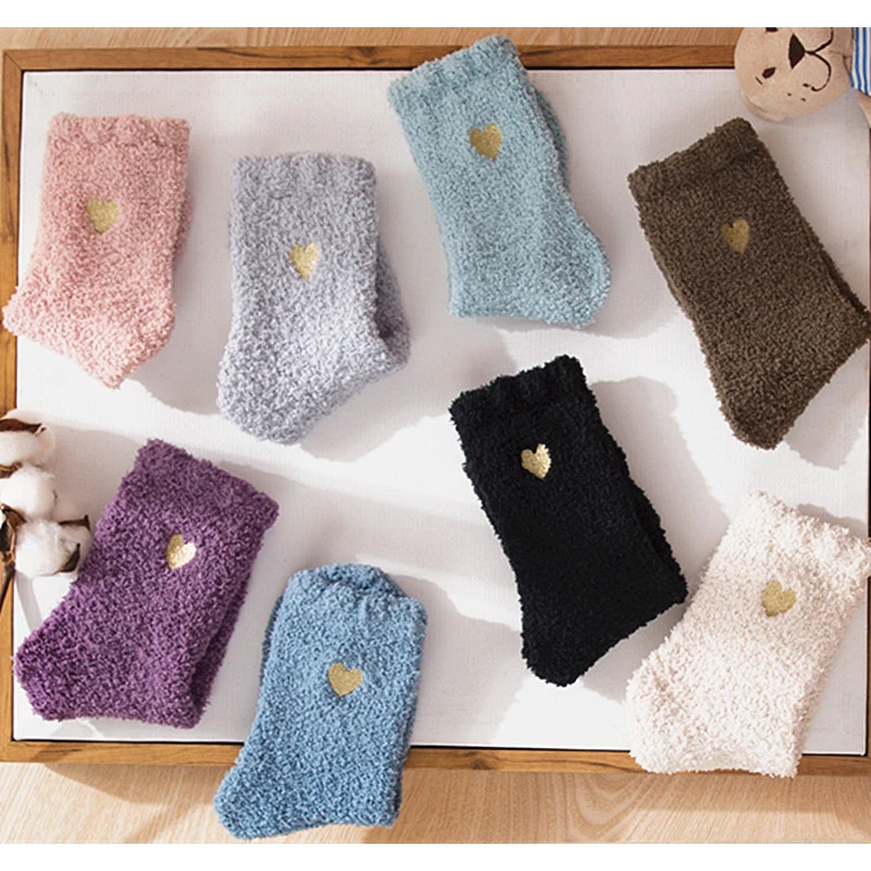 8 Pairs Winter Women Candy Color Coral Fleece Socks Warm and Thickened Embroidered Love Snow Floor Sleep Socks Women