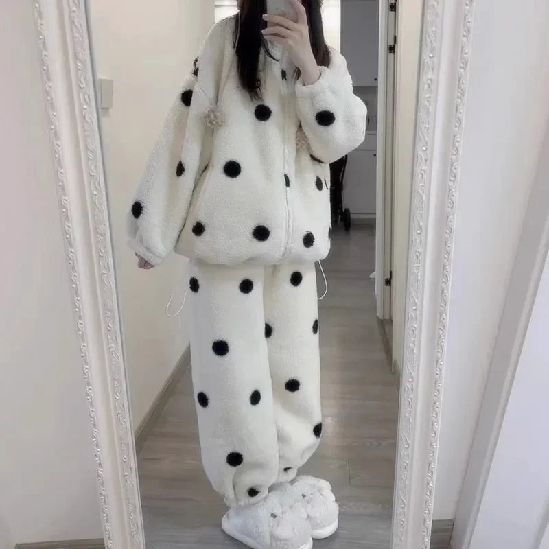 

Polka Dot Women Pajamas Set Winter Fleece Sleepwear 2 Piece Pant Home Suit Fluffy Zipper Piiama Warm Fashion Night Wear 2023 New