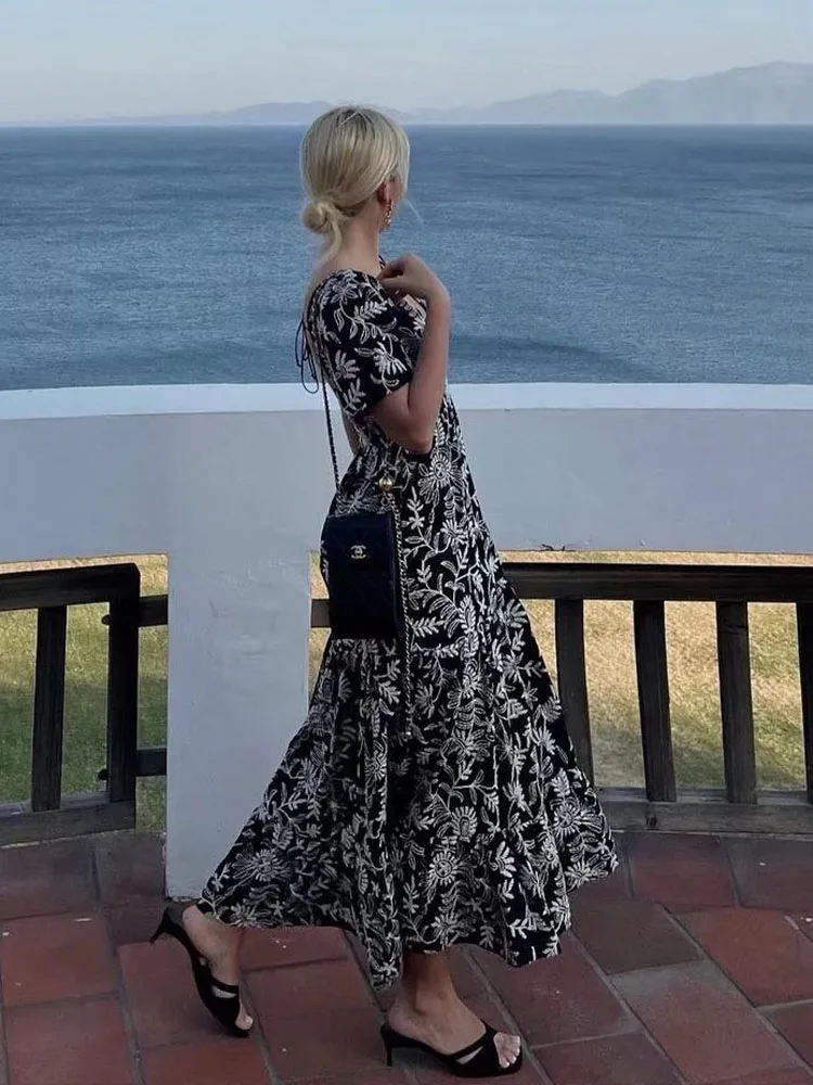 

Zach AiIsa summer dress new temperament V-neck tie open back embroidered decoration long short-sleeved loose casual dress