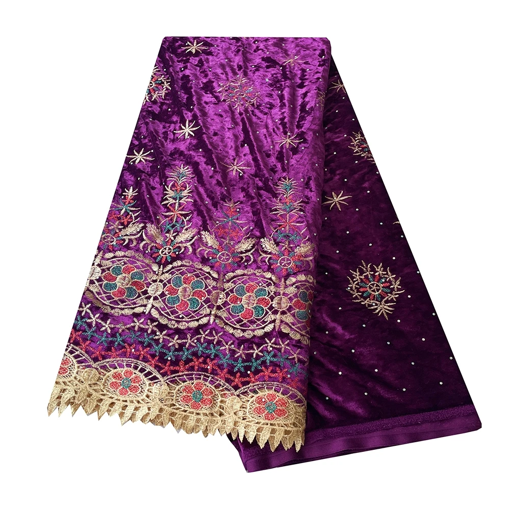 

YQOINFKS Velvet Embroidery Nigerian Purple Flannelette Lace Fabric with Stones Latest 5 Yards Sewing Craft Women Dresses YQ-4008