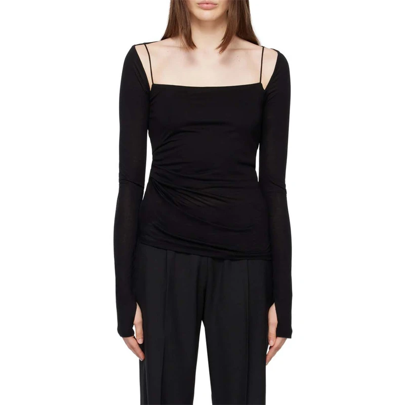 

Spring and summer new women's square neckhollowed out backless long sleeveT-shirt y2k fashion sexy stretch slimbottoming T-shirt