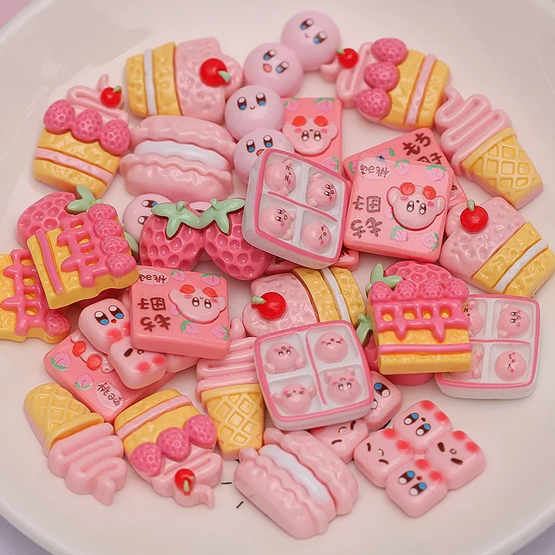 

10Pcs-Set New Lovely Mini Kawaii Cartoon Pink Kirby Cake Series Resin Scrapbook Diy Jewellery Hairpin Accessories Decorate Craft