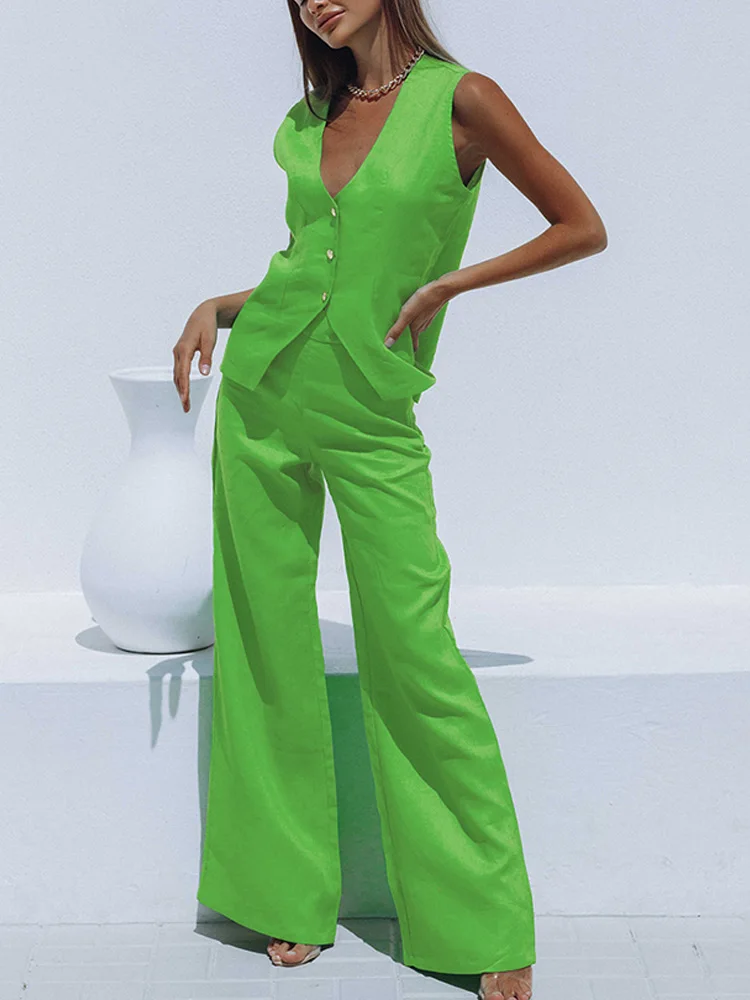 Женские офисные костюмы из хлопка и льна жилет без рукавов с V-образным вырезом