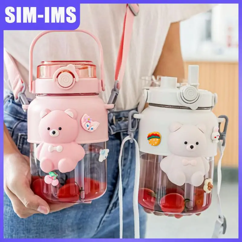 

Cute Bear Water Bottle Cartoon Food Grade Material Big Belly Cup With Adjustable Strap Pipette Cup Outdoor Travel Drinkware