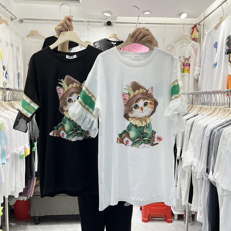 

Hot Drilling Cartoon Kitty Tee Dress for Women 2022 New Summer Loose Ruffles Short Sleeve T-shirt Mid-long Age Reduction Tops