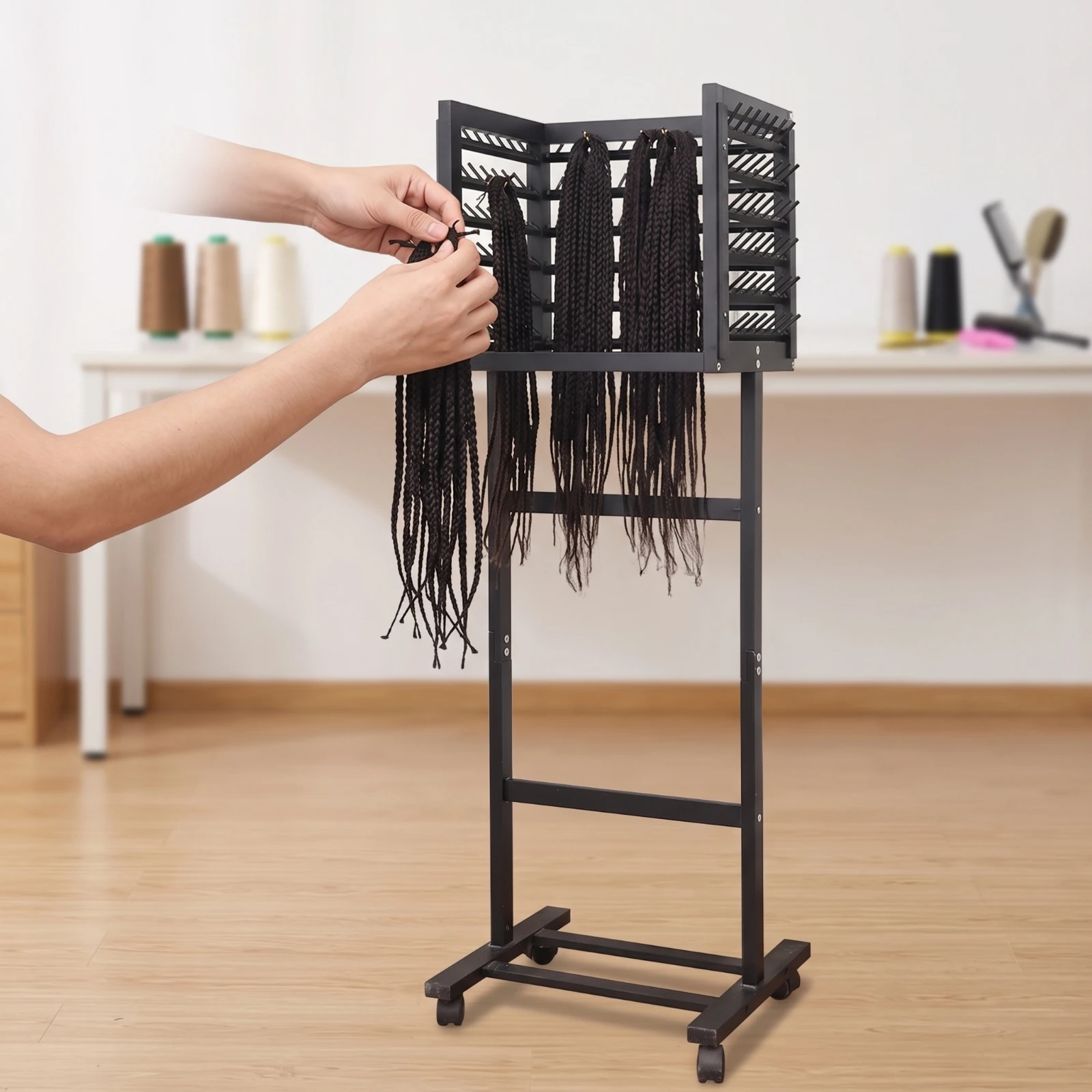 Фото Органайзер для хранения париков, многоярусная стойка для париков, органайзер для париков, напольная стойка для кос с креплениями на колесиках. №3