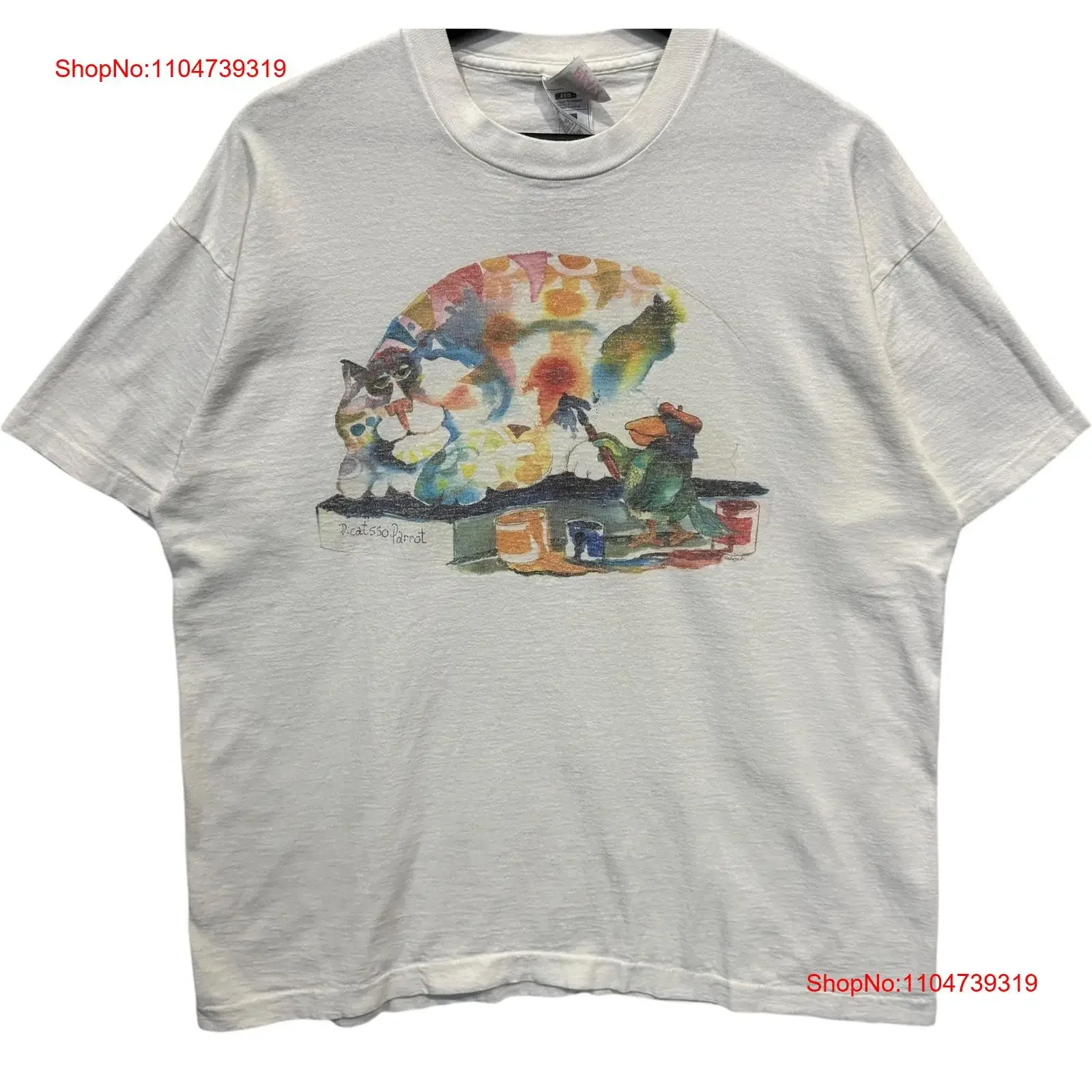 Фото Мужская винтажная белая футболка Picatsso Parrot Water Color Art XXL, винтажная, слегка стильная, повседневная, удобная, унисекс №1