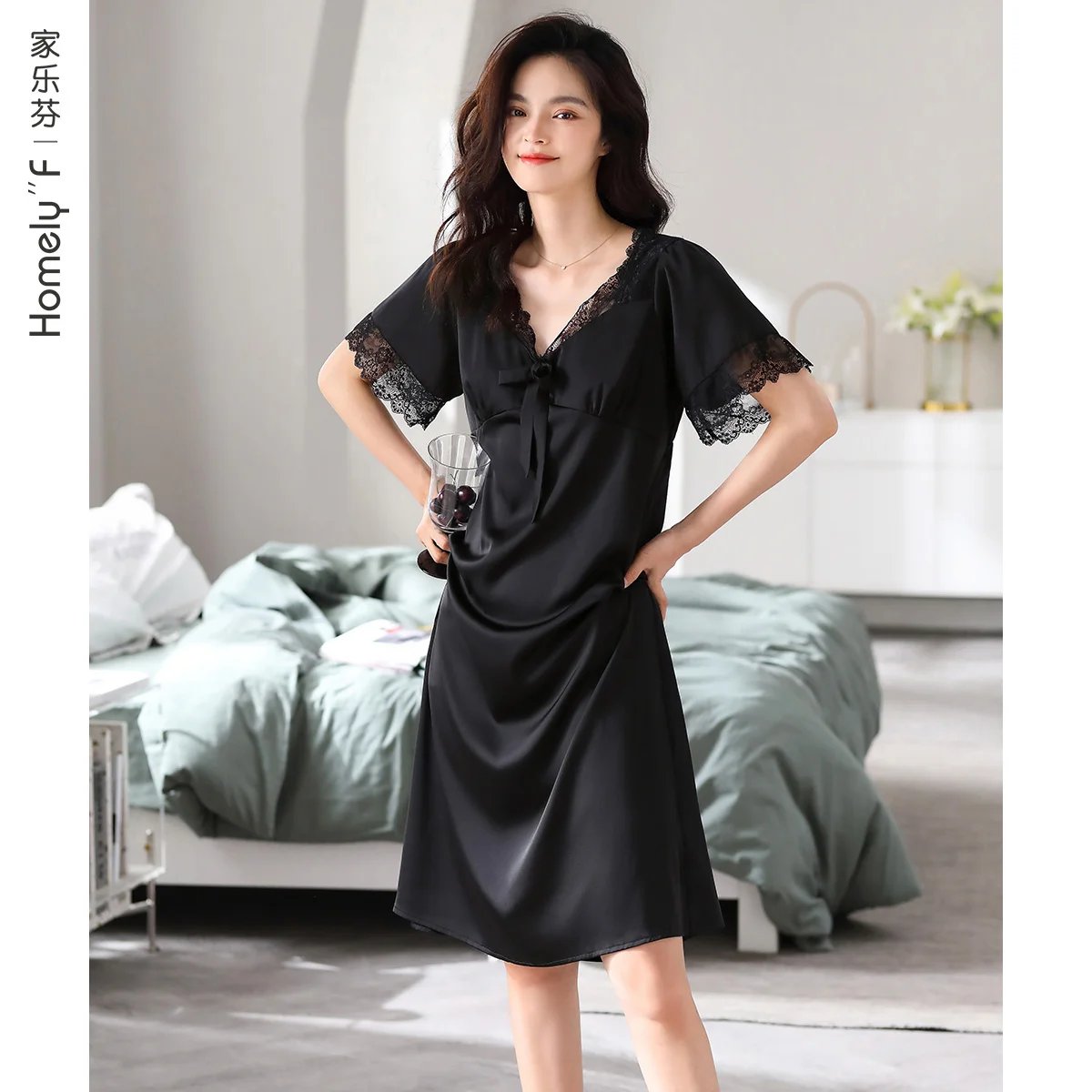 Nightdress Women's Pajamas Summer Summe Silk Ice Silk Artificial Silk Short Sleeve and Long Pattern Court Style French Style