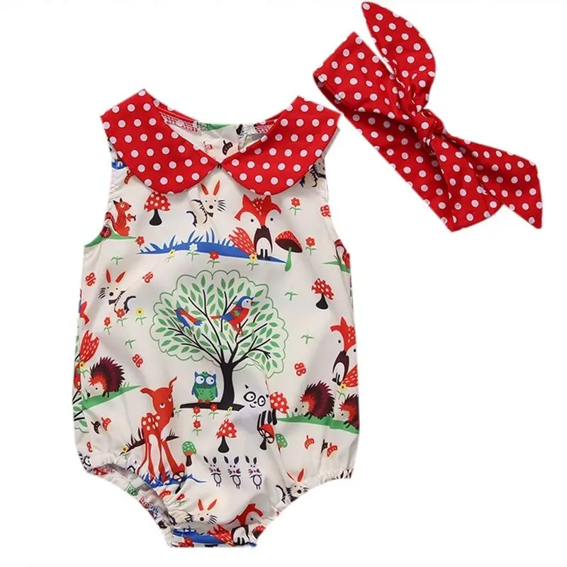 

Summer Baby Girl Bodysuits Animal Zoo Printed Newborn Infant Toddler Peter Pan Collar Jumpsuit Headband Clothes Outfit