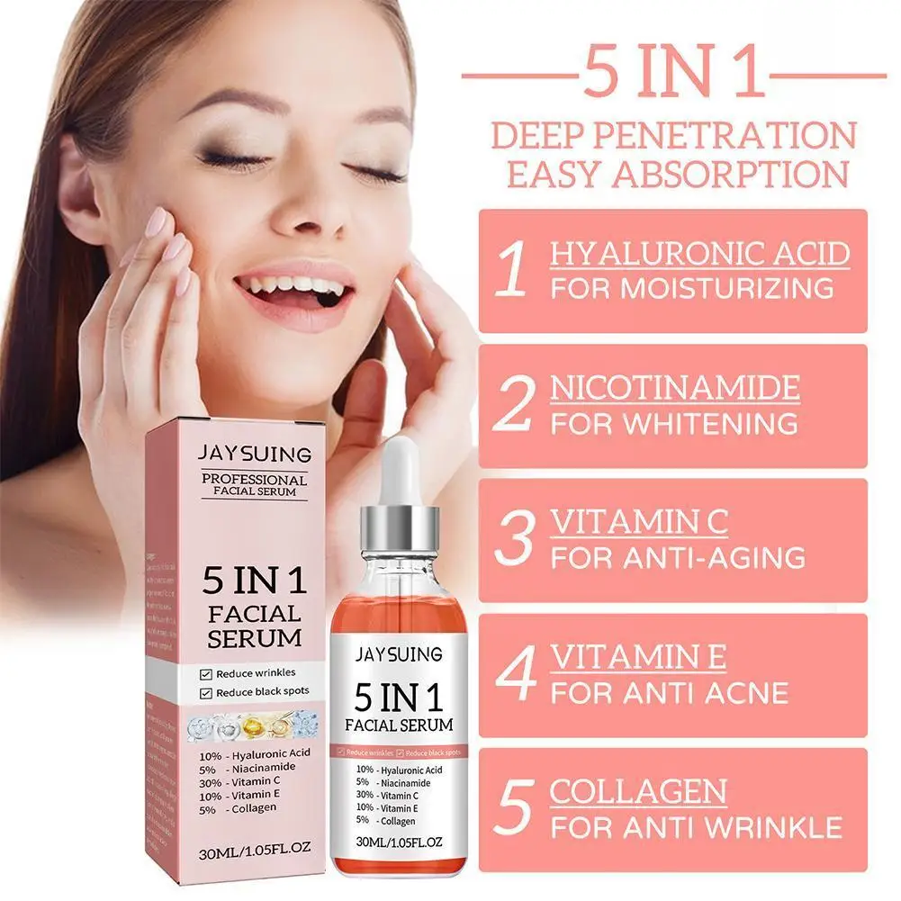 

30ml Hyaluronic Acid Face Serum 5 In 1 Moisturiz Whiten Anti Wrinkle Aging Vitamin C Shrink Pore Vitamin C Serum For Facial O1R4