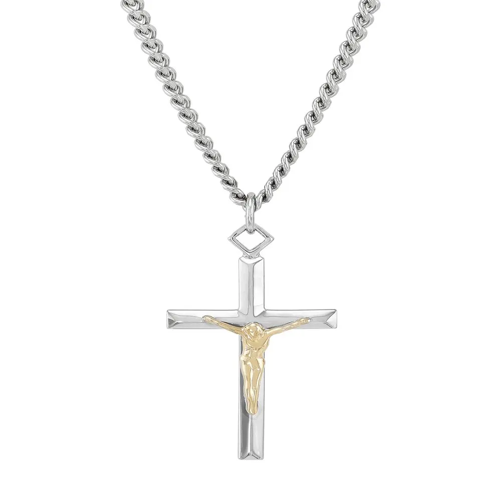 

Sterling Silver and 18KT Gold Plated Crucifix Cross on 24" Stainless Steel Chain Necklace