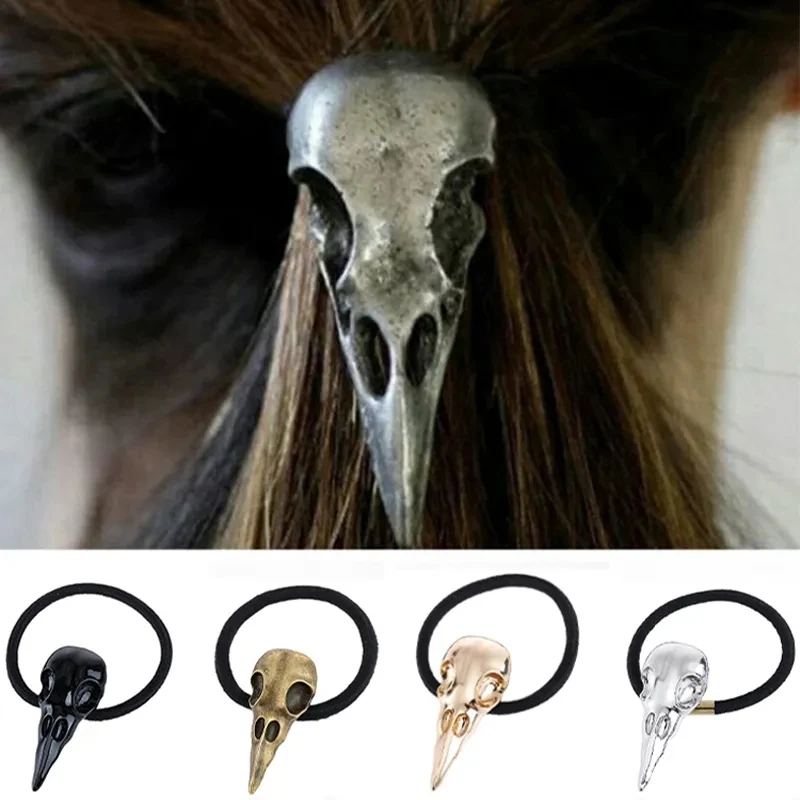

1pc Women Punk Gothic Metal Raven Skull Crow Elastic Hair Rope Fashion Birds Hair Band Hair Accessories Halloween Scrunchie Gift