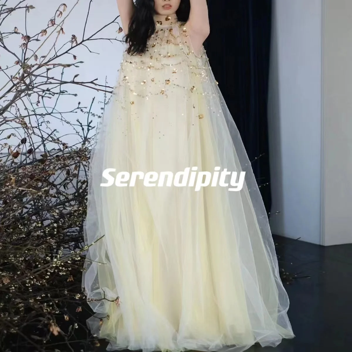 

Serendipity Halter Ball-GownLace Sequins shape Floor-length RuffleTulle Zipper Up Strapless Luxury Dresses for Evening Elegant