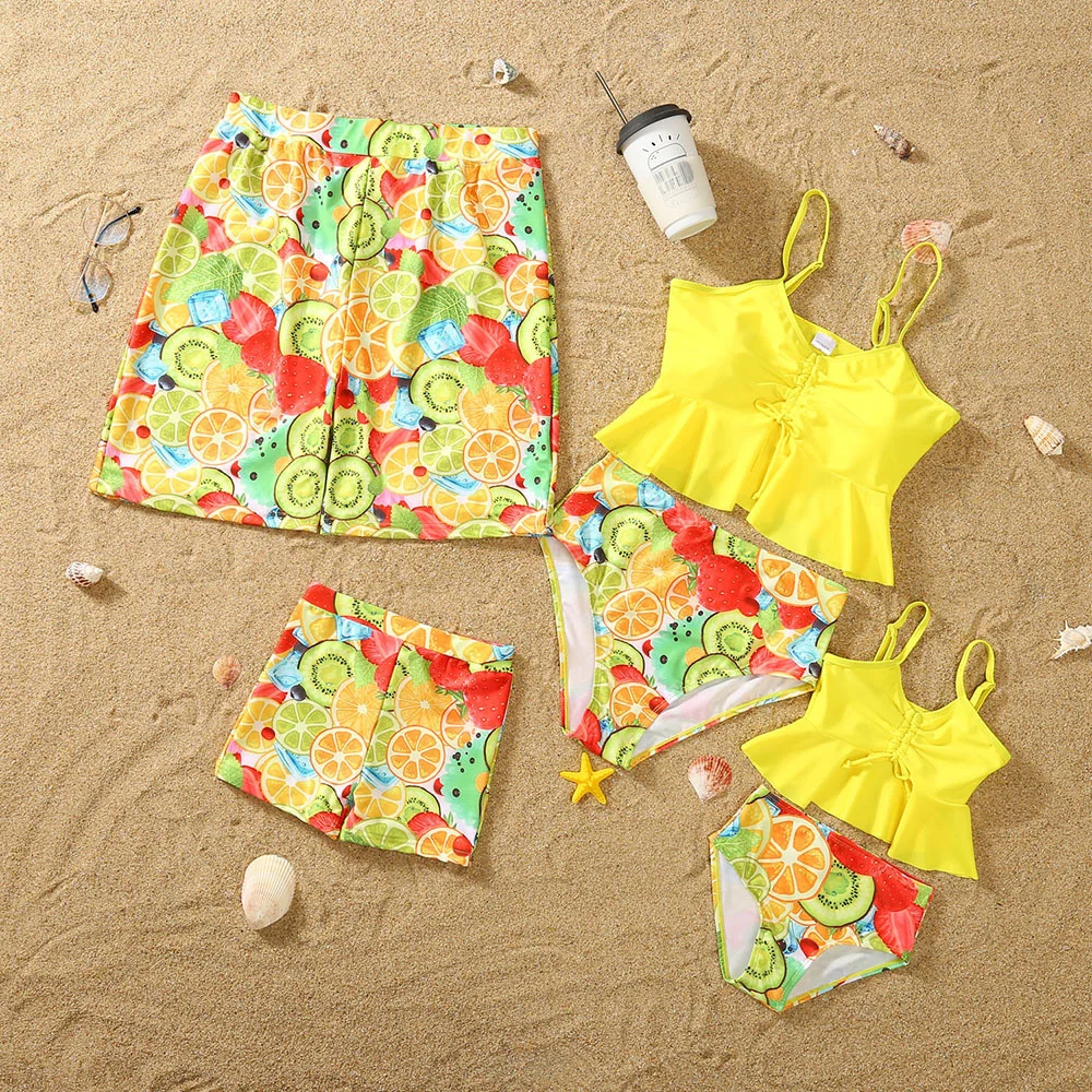 

New Summer Seaside Holiday Parent-child Outfit Ruffled Hem Tropical Fruit Print Family Matching Swimwear Family Styling
