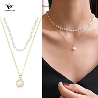 xiaoboacc double layer gold plated pearl necklace for women fashion beaded chain choker pendant jewelry wholesale