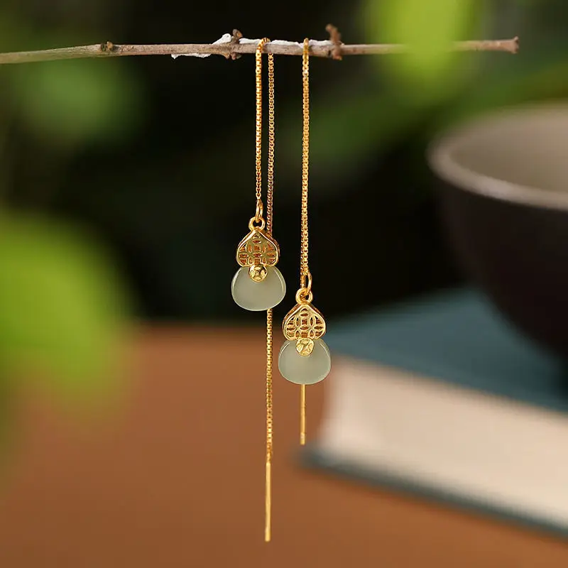 

High Quality S925 Silver Gold Plated Jade Earrings For Women Designer Luxury Aesthetic Vintage Ear Studs Crystal Korean Style