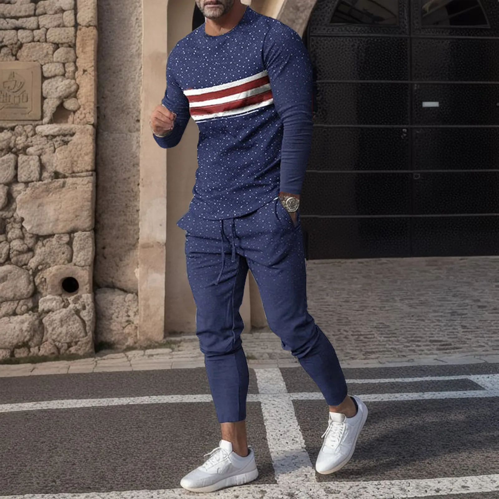 

Men'S Tracksuit 2 Piece Sweatsuit Set Long Sleeve Striped Print Tee Shirt Casual Fitness Jogging Pants Workout Two Piece Set