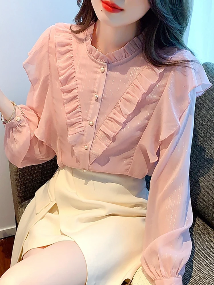 Женская шифоновая блузка с длинным рукавом оборками