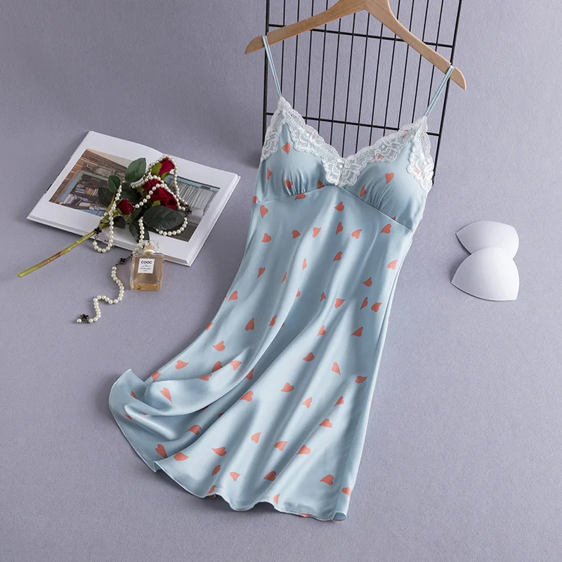 

Кружевная ночная рубашка на бретелях, Сексуальная мини-ночная рубашка с V-образным вырезом, женское милое домашнее платье с принтом в виде сердца и бюстгальтером, интимная одежда для сна