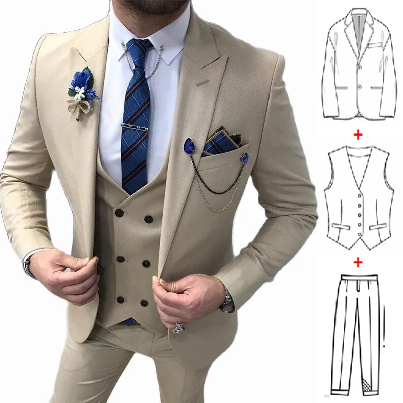 Men's Suits for Wedding 3 Pieces Double Breasted Vest Slim Fit Groom Suits Italian Handsome Wedding Tuxedos (Blazer+Pants+Vest)