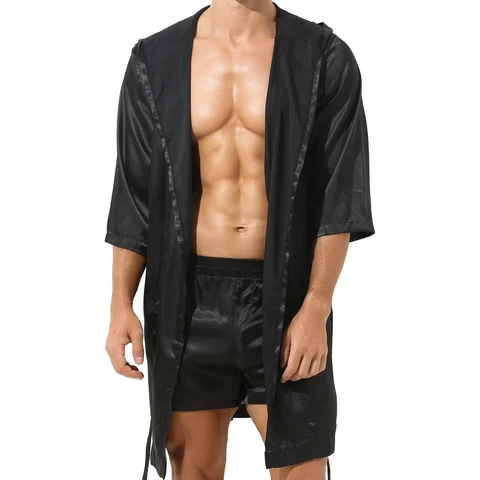 Халат-кимоно мужской с капюшоном и шорты, шелковая атласная ночная рубашка с коротким рукавом, банный халат, пижама, комплект на лето