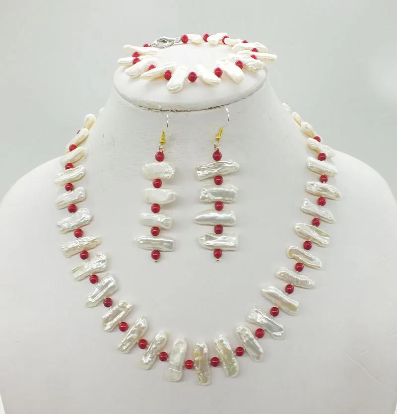 NEW Artists Подлинный Biwa Baroque White Stick Жемчуг и Красный Коралл браслет серьги. Колье