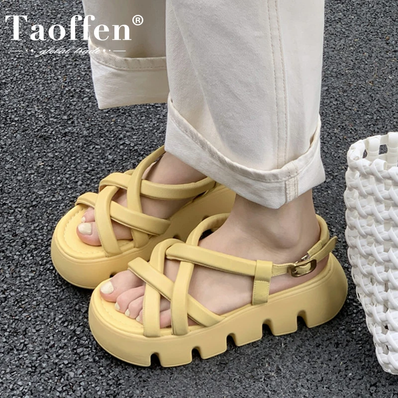 

Taoffen Size 33-40 Real Leather Sandals For Women 2022 Thick Bottom Platform Outdoor Ins Fashion Summer Female Footwear
