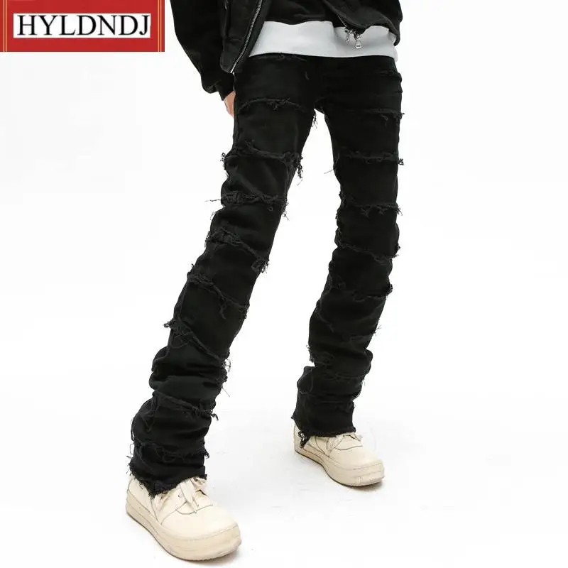 Mens High Street Retro Straight Ripped Pencil Pants Oversize Denim Trousers Heavy Industry Hole Frayed Destruction Waxed Jeans