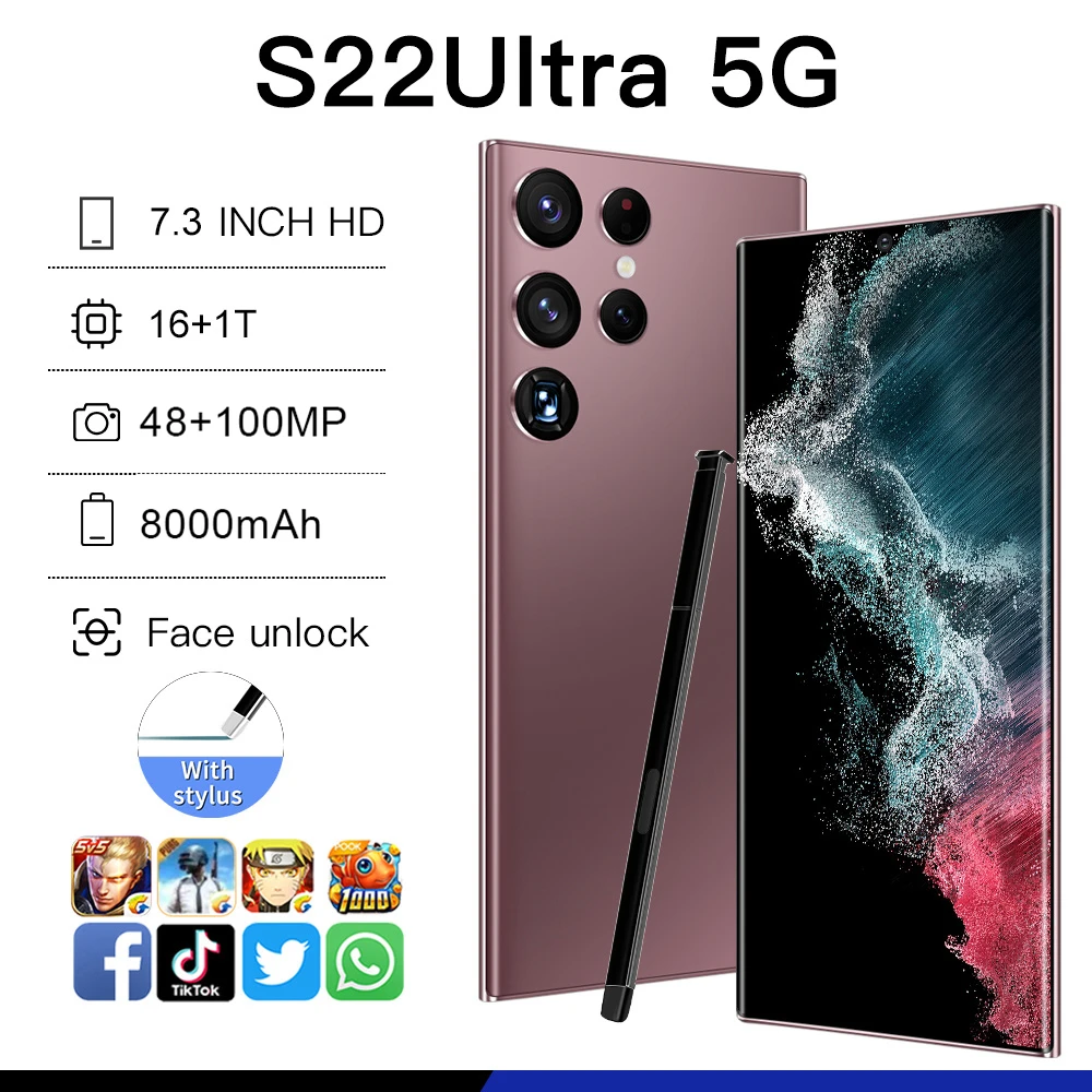 

Global Version S22 Ultra 16G+1TB 7.3inch Android phone 48+100MP 8000mAh 5G phones Network Dual Sim Unlocking machine