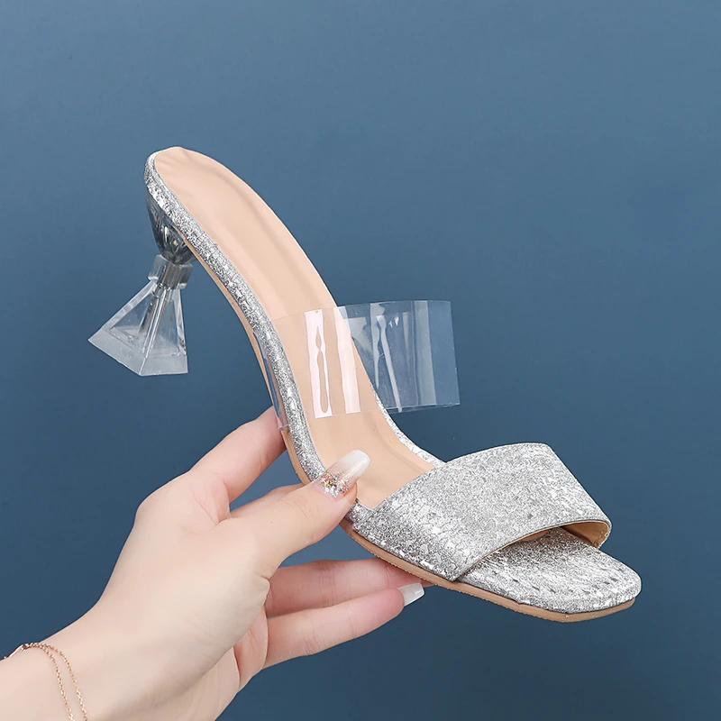 

Сандалии женские с блестками, пляжные босоножки на высоком прозрачном каблуке, удобные босоножки на среднем каблуке, большие размеры 35-43, ле...