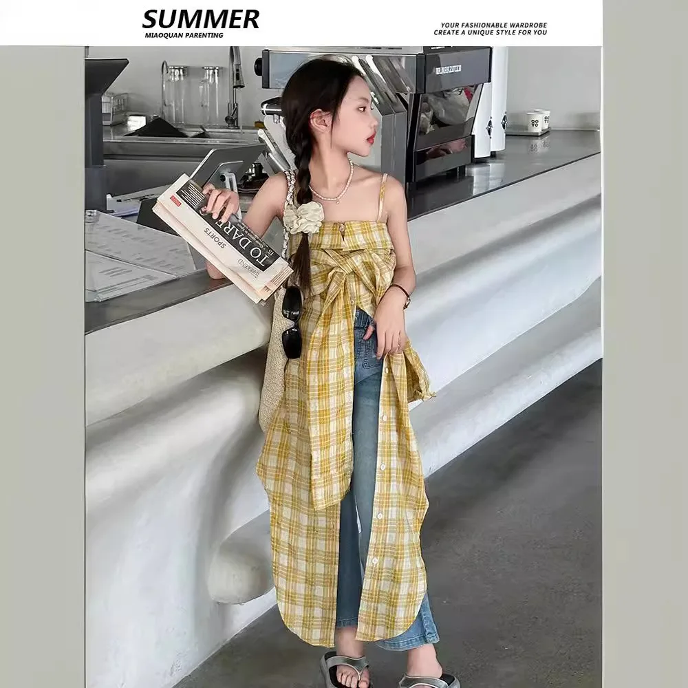 Платье для девочек в Корейском стиле Новинка лета 2024 клетчатый сарафан без